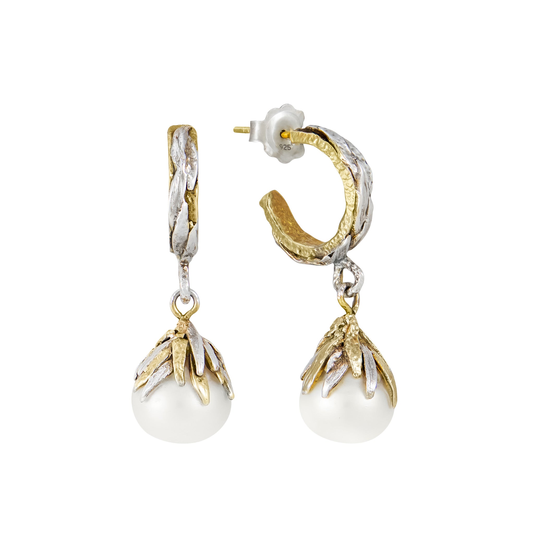 Natural Pearl Silver and Gold Vermeil Hoop Earrings